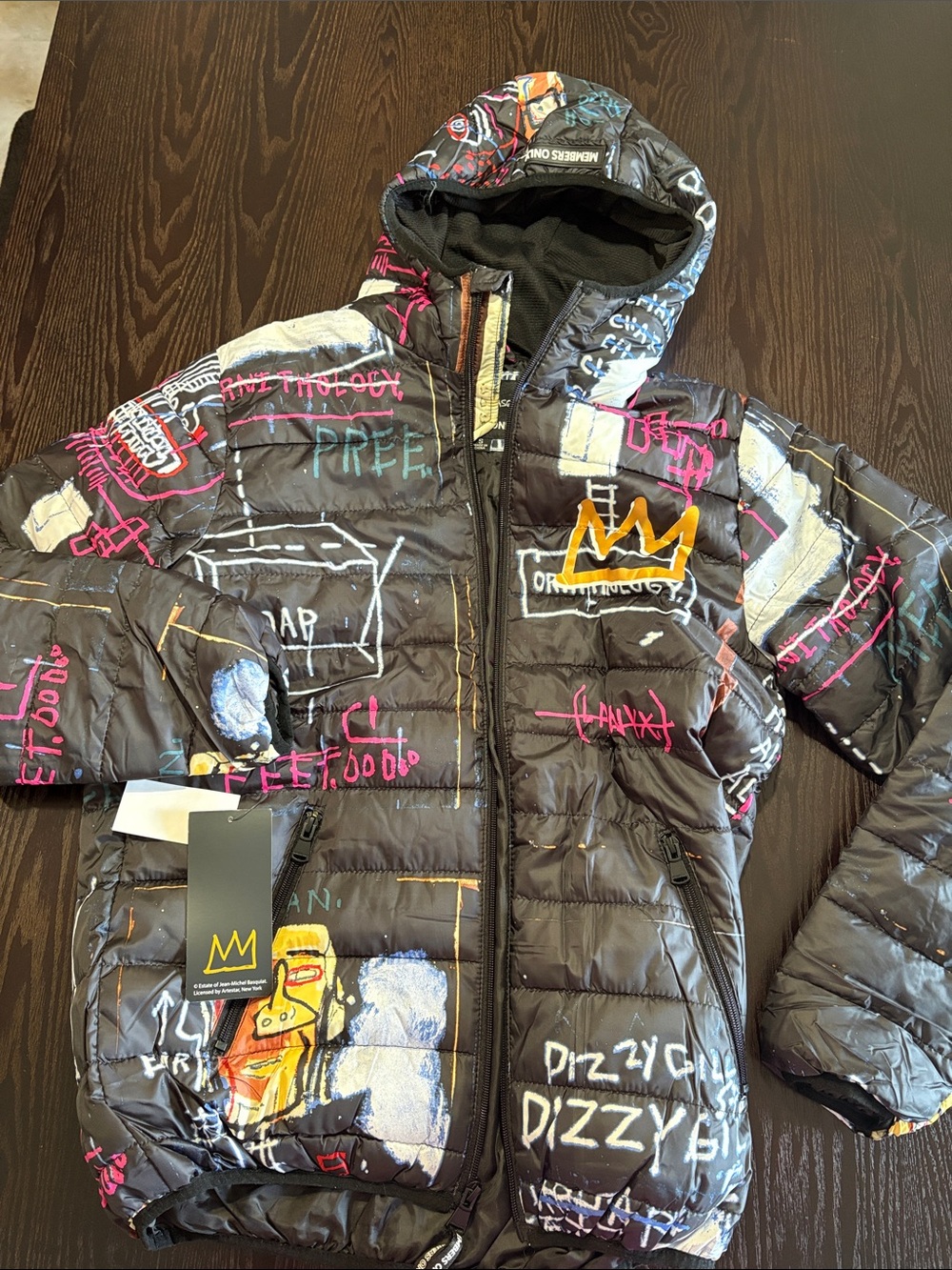 Jean-Michel Basquiat . Members only Black Graffiti Puffer Jacket with graffiti